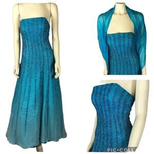 Vintage Alyce Designs 80s Strapless Beaded Blue Prom Evening Gown scarf size 8